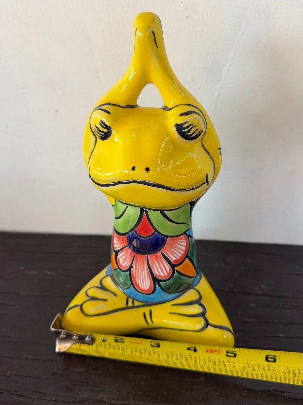 Hand-Painted Yellow Talavera Yoga Frog Statue – Decorative Home Accent